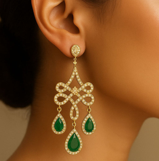 Emerald Chandelier Earrings in 18K Yellow Gold | Teardrop Emerald & Diamond Dangle Earrings | Luxury Statement Jewelry for Women | Bridal & Evening Wear