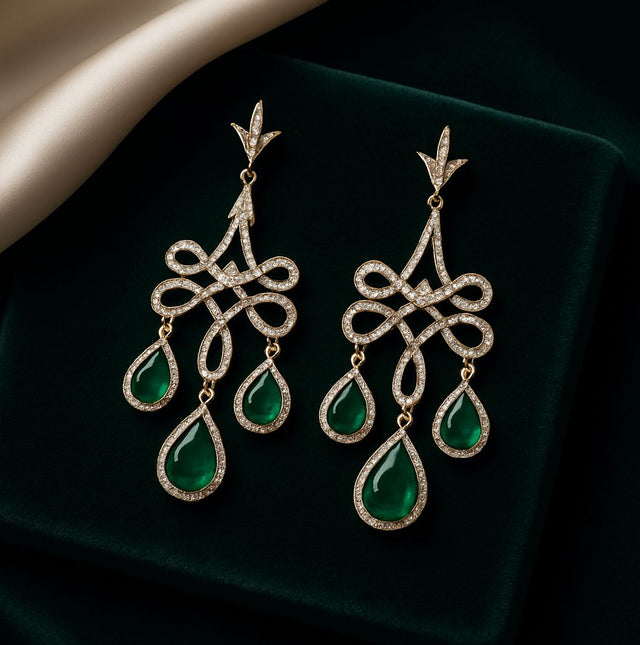 Emerald Chandelier Earrings in 18K Yellow Gold | Teardrop Emerald & Diamond Dangle Earrings | Luxury Statement Jewelry for Women | Bridal & Evening Wear