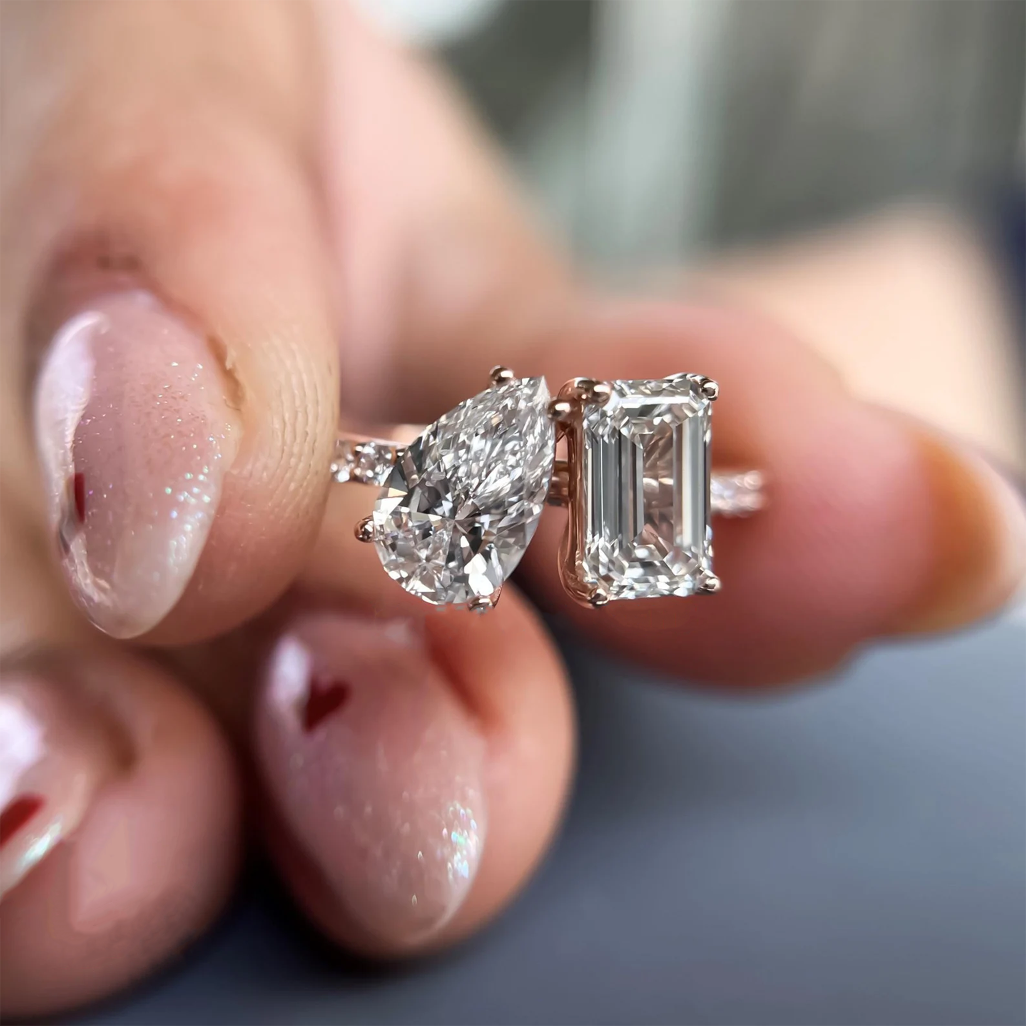Pear & Emerald-Cut Diamond Toi et Moi Ring in 14K Rose Gold | Lab Grown Diamond Engagement Ring | Modern Two-Stone Ring for Women | Elegant Statement Jewelry