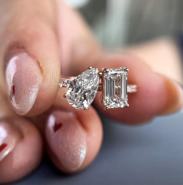 Pear & Emerald-Cut Diamond Toi et Moi Ring in 14K Rose Gold | Lab Grown Diamond Engagement Ring | Modern Two-Stone Ring for Women | Elegant Statement Jewelry