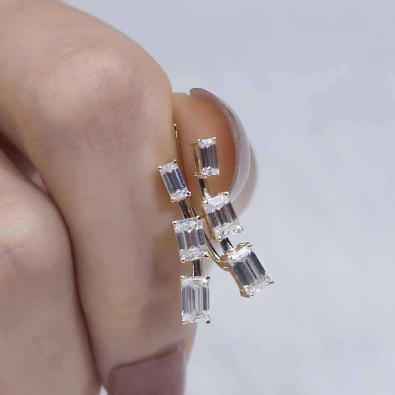 Emerald-Cut Diamond Ear Climber Earrings in 14K Yellow Gold | Lab Grown Diamond Earrings | Modern Statement Jewelry for Women | Trendy Gold Ear Cuffs