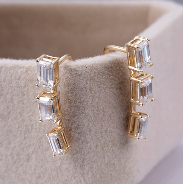Emerald-Cut Diamond Ear Climber Earrings in 14K Yellow Gold | Lab Grown Diamond Earrings | Modern Statement Jewelry for Women | Trendy Gold Ear Cuffs