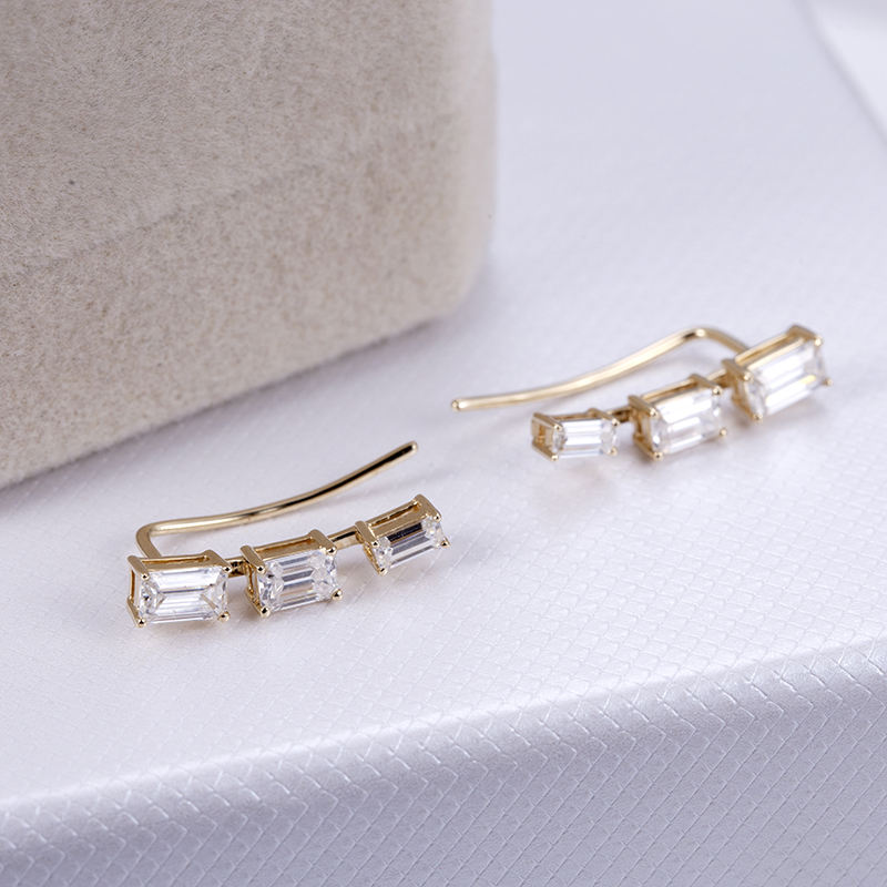 Emerald-Cut Diamond Ear Climber Earrings in 14K Yellow Gold | Lab Grown Diamond Earrings | Modern Statement Jewelry for Women | Trendy Gold Ear Cuffs