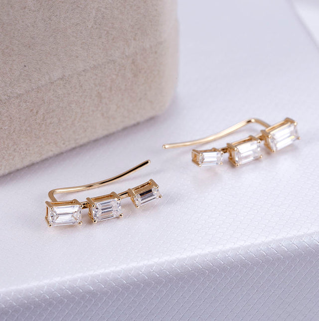 Emerald-Cut Diamond Ear Climber Earrings in 14K Yellow Gold | Lab Grown Diamond Earrings | Modern Statement Jewelry for Women | Trendy Gold Ear Cuffs