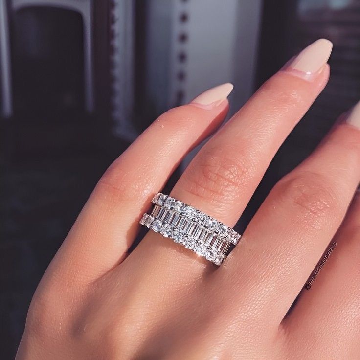 Luxury Baguette & Round Brilliant Diamond Eternity Band | 14K White Gold | Double Row Full Diamond Wedding Ring