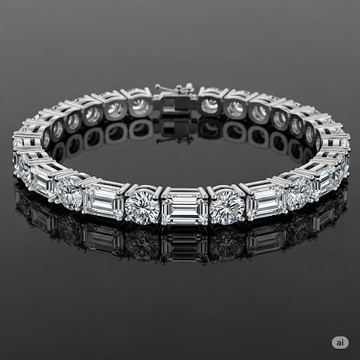 Emerald & Round Cut Diamond Tennis Bracelet in 14K White Gold | Lab Grown Diamond Bracelet | Luxury Tennis Bracelet for Women | Anniversary Gift