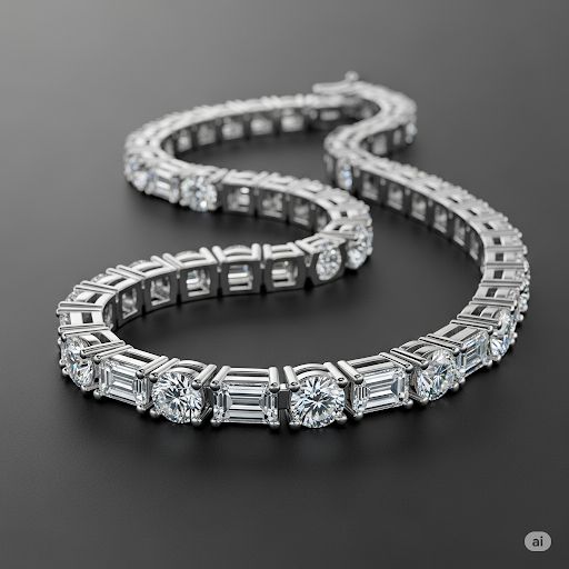 Emerald & Round Cut Diamond Tennis Bracelet in 14K White Gold | Lab Grown Diamond Bracelet | Luxury Tennis Bracelet for Women | Anniversary Gift