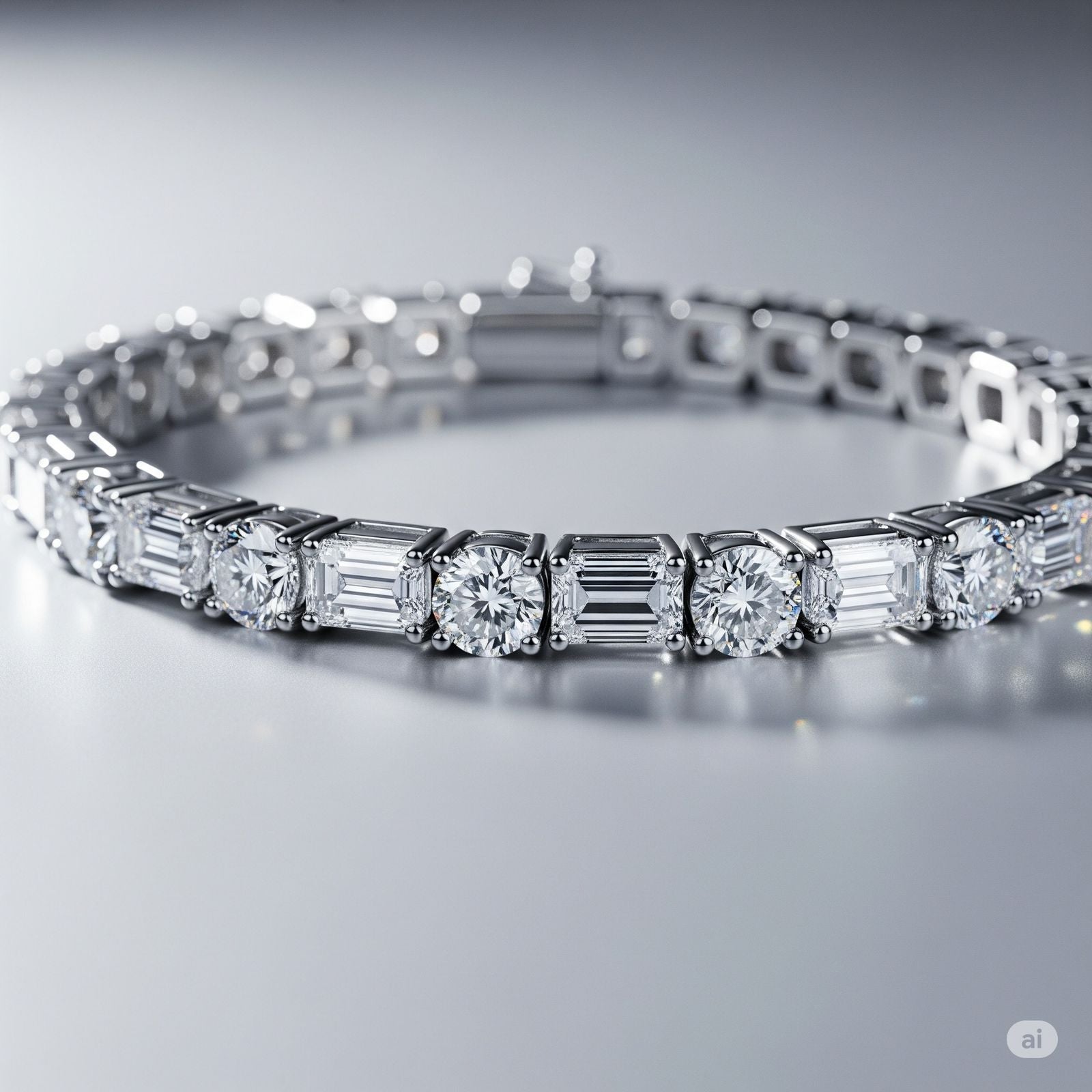 Emerald & Round Cut Diamond Tennis Bracelet in 14K White Gold | Lab Grown Diamond Bracelet | Luxury Tennis Bracelet for Women | Anniversary Gift