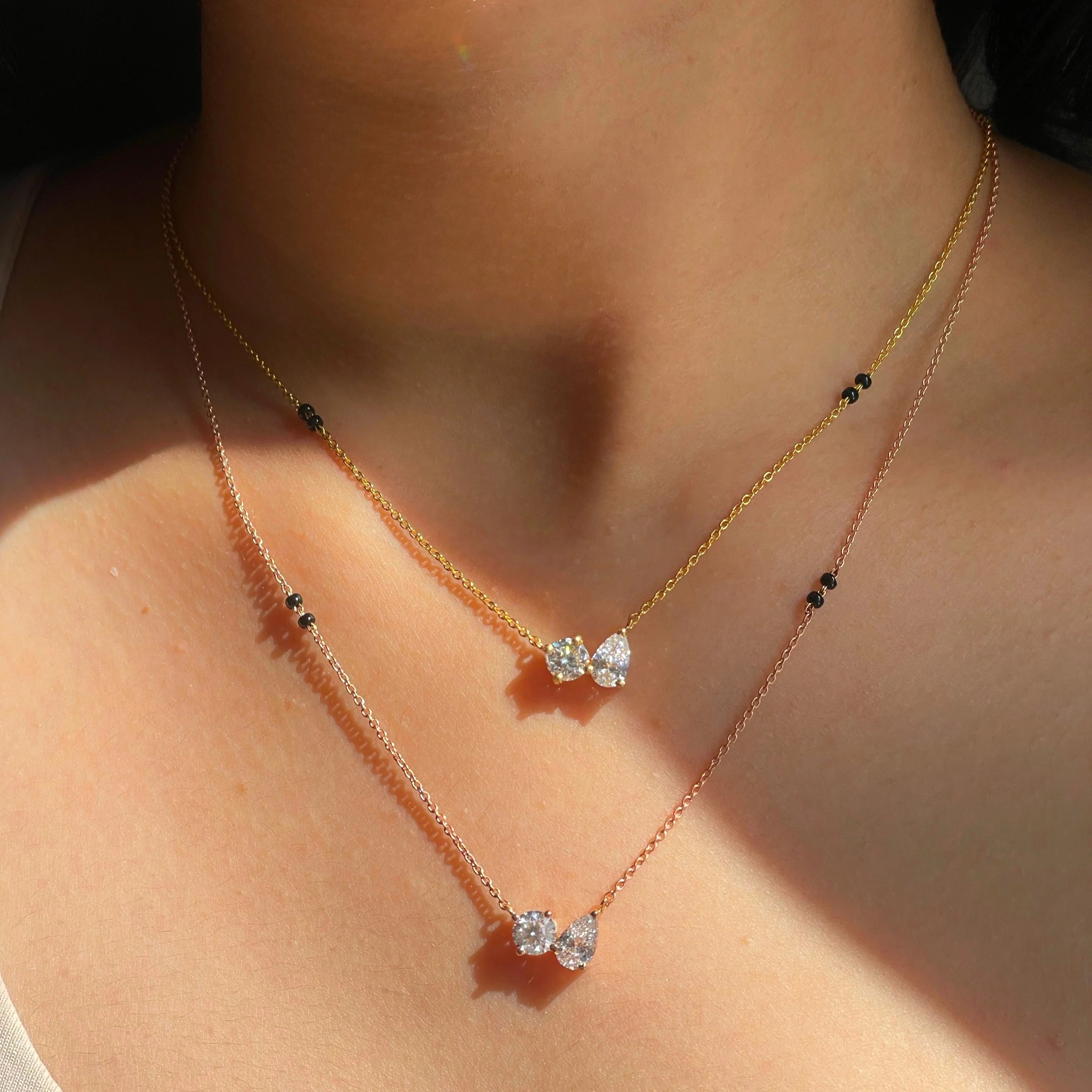 Dual Diamond Mangalsutra Necklace in 14K Yellow & Rose Gold | Lab Grown Diamond Pendant | Modern Everyday Mangalsutra for Women | Couple Promise Jewelry