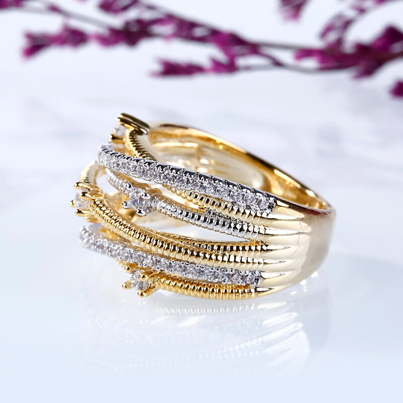 Multi-Layer Diamond Crossover Ring in 14K Two-Tone Gold | Lab Grown Diamond Statement Ring | Elegant Anniversary Ring for Her | Unique Eternity Band