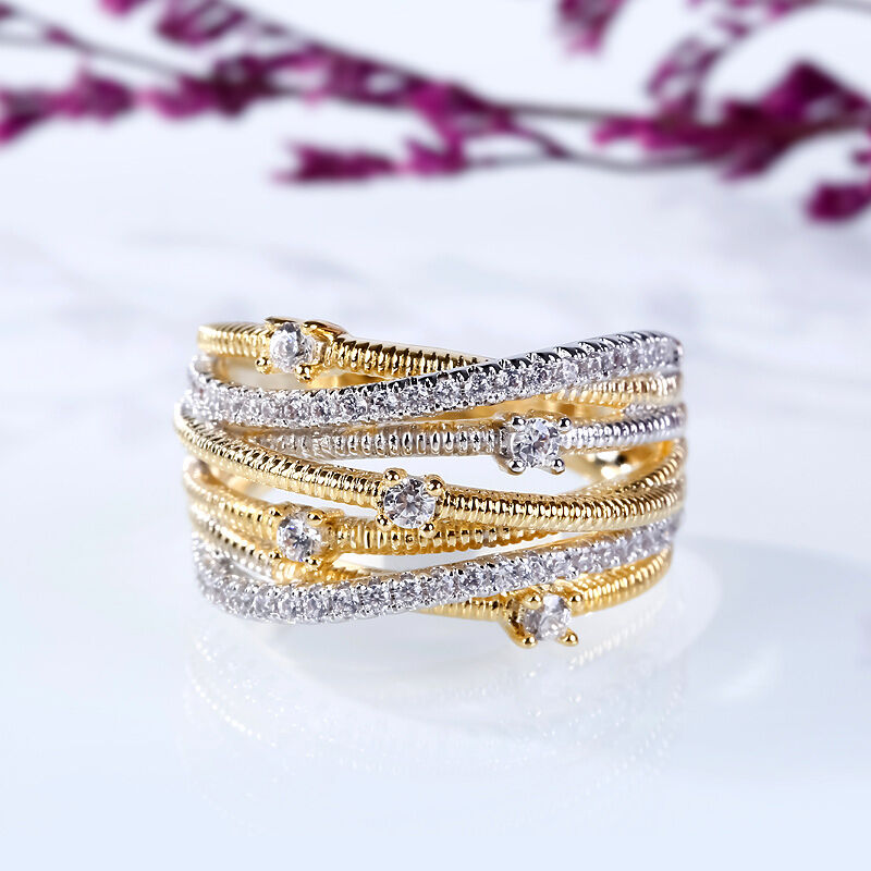 Multi-Layer Diamond Crossover Ring in 14K Two-Tone Gold | Lab Grown Diamond Statement Ring | Elegant Anniversary Ring for Her | Unique Eternity Band