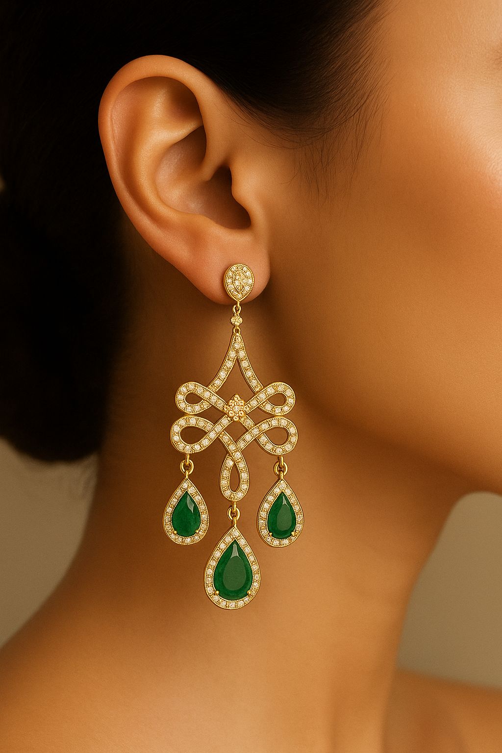 Emerald Chandelier Earrings in 18K Yellow Gold | Teardrop Emerald & Diamond Dangle Earrings | Luxury Statement Jewelry for Women | Bridal & Evening Wear