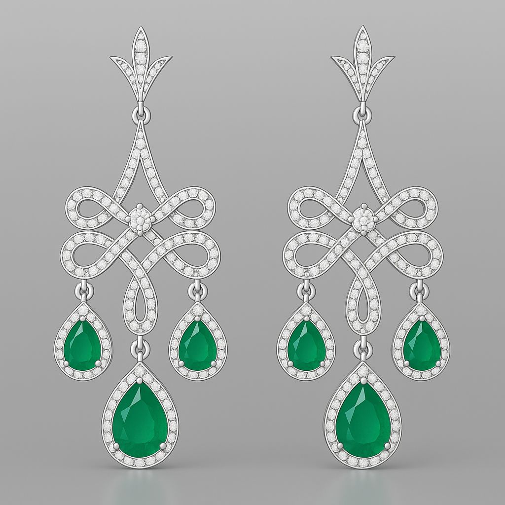 Emerald Chandelier Earrings in 18K Yellow Gold | Teardrop Emerald & Diamond Dangle Earrings | Luxury Statement Jewelry for Women | Bridal & Evening Wear