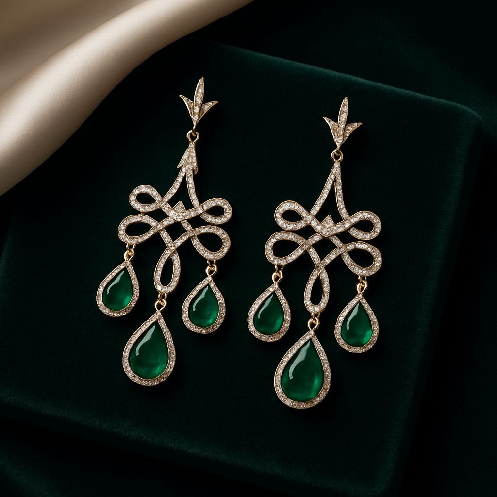 Emerald Chandelier Earrings in 18K Yellow Gold | Teardrop Emerald & Diamond Dangle Earrings | Luxury Statement Jewelry for Women | Bridal & Evening Wear