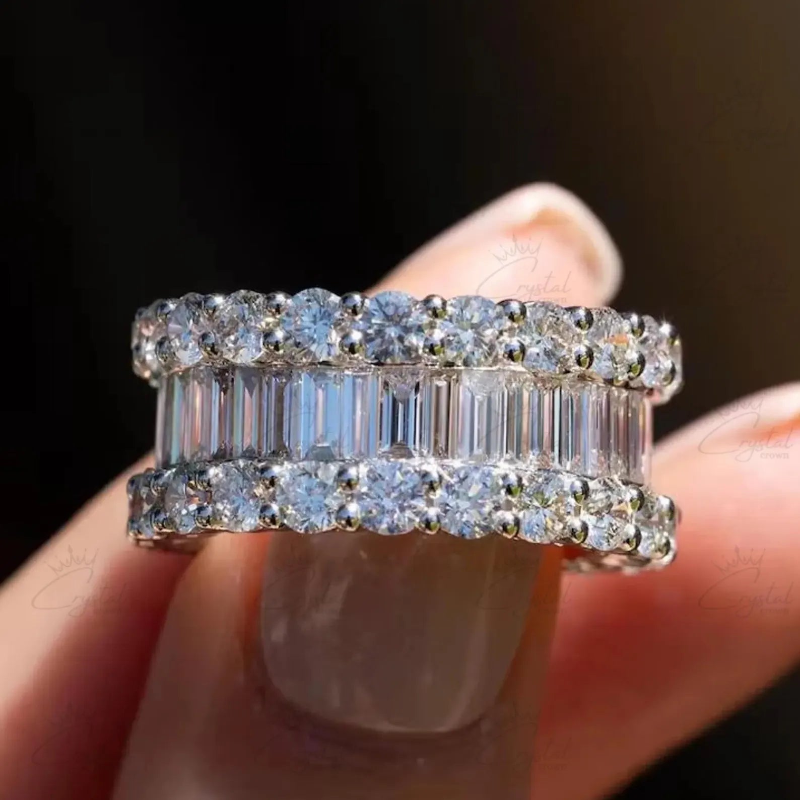 Luxury Baguette & Round Brilliant Diamond Eternity Band | 14K White Gold | Double Row Full Diamond Wedding Ring