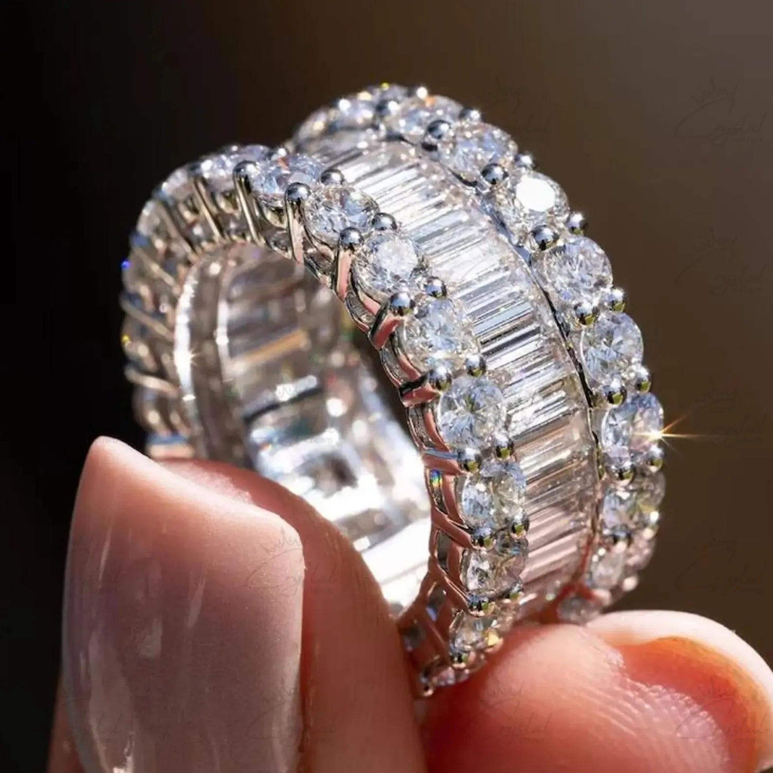 Luxury Baguette & Round Brilliant Diamond Eternity Band | 14K White Gold | Double Row Full Diamond Wedding Ring
