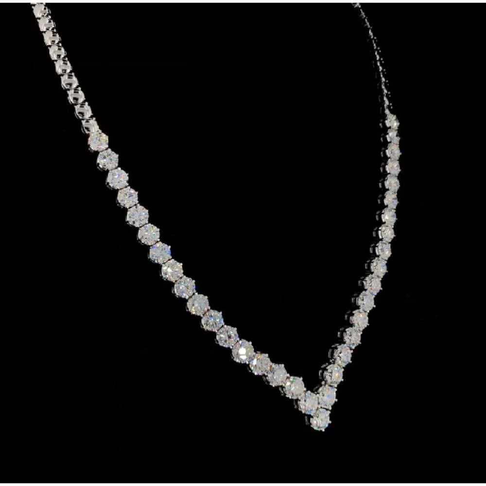 Classic V-Cut Diamond Tennis Necklace | 14K White Gold | Lab Grown Round Brilliant Diamond Necklace | Luxury Bridal & Evening Jewelry
