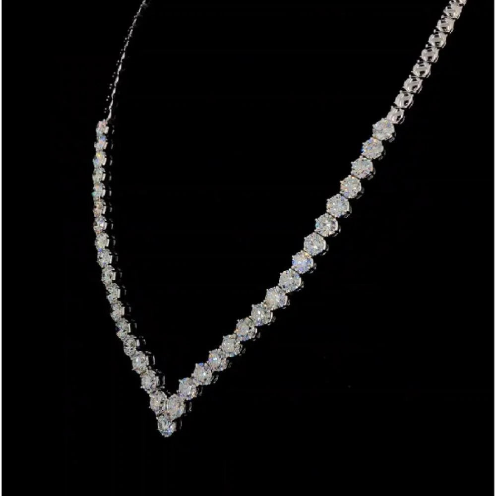 Classic V-Cut Diamond Tennis Necklace | 14K White Gold | Lab Grown Round Brilliant Diamond Necklace | Luxury Bridal & Evening Jewelry